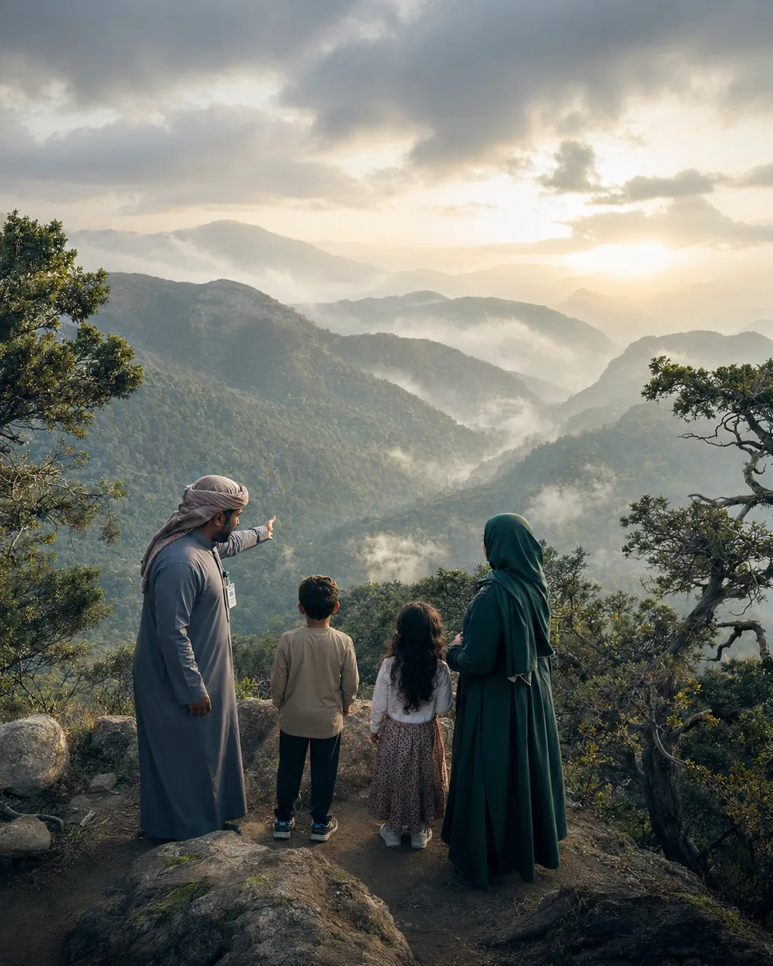 A local guide pointing a family toward the misty green Asir mountains near Abha