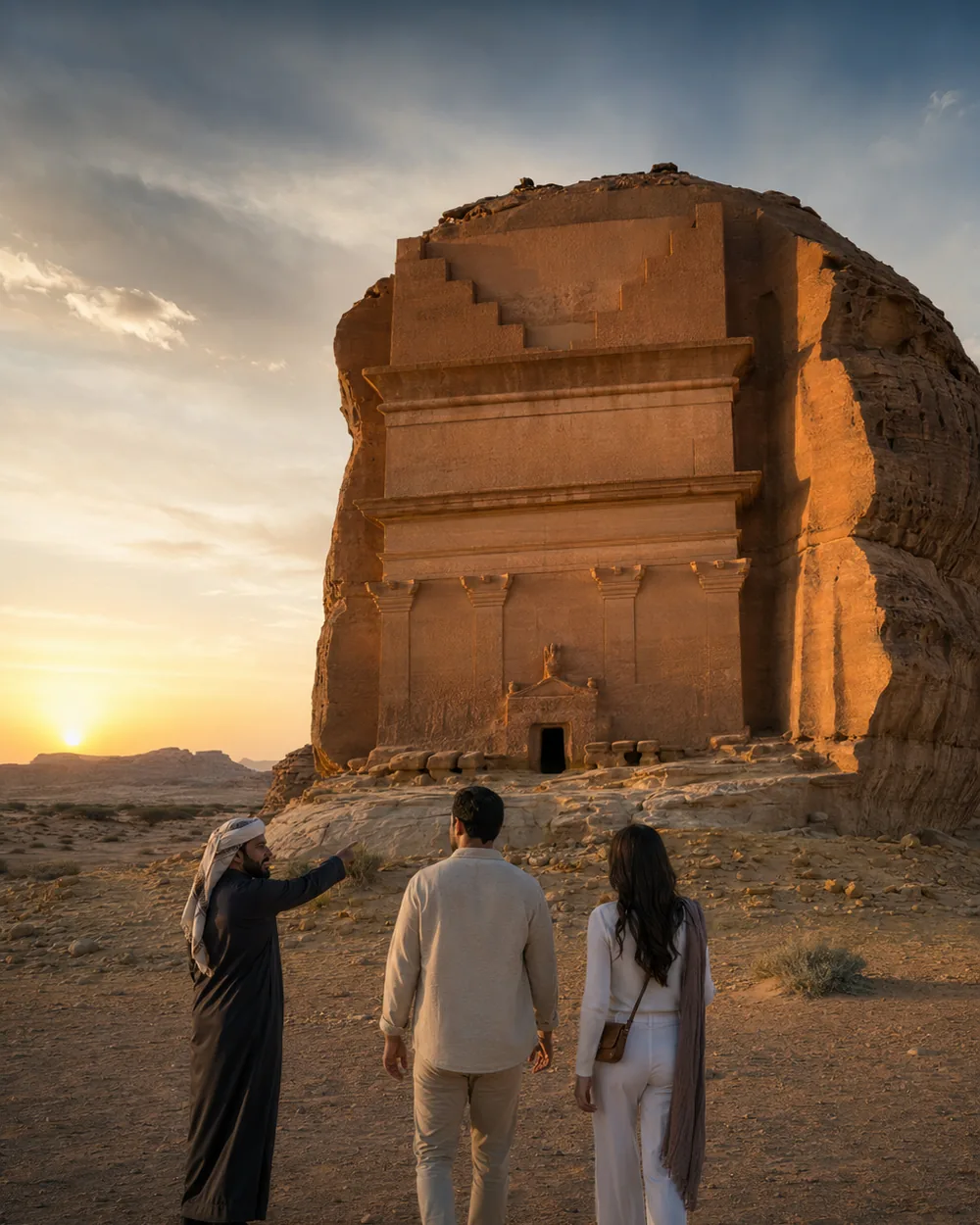 A local guide showing visitors the ancient Hegra tombs in AlUla at sunset