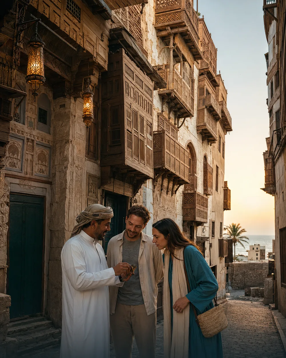 A local guide walking visitors through the rawashin houses of historic Al-Balad in Jeddah