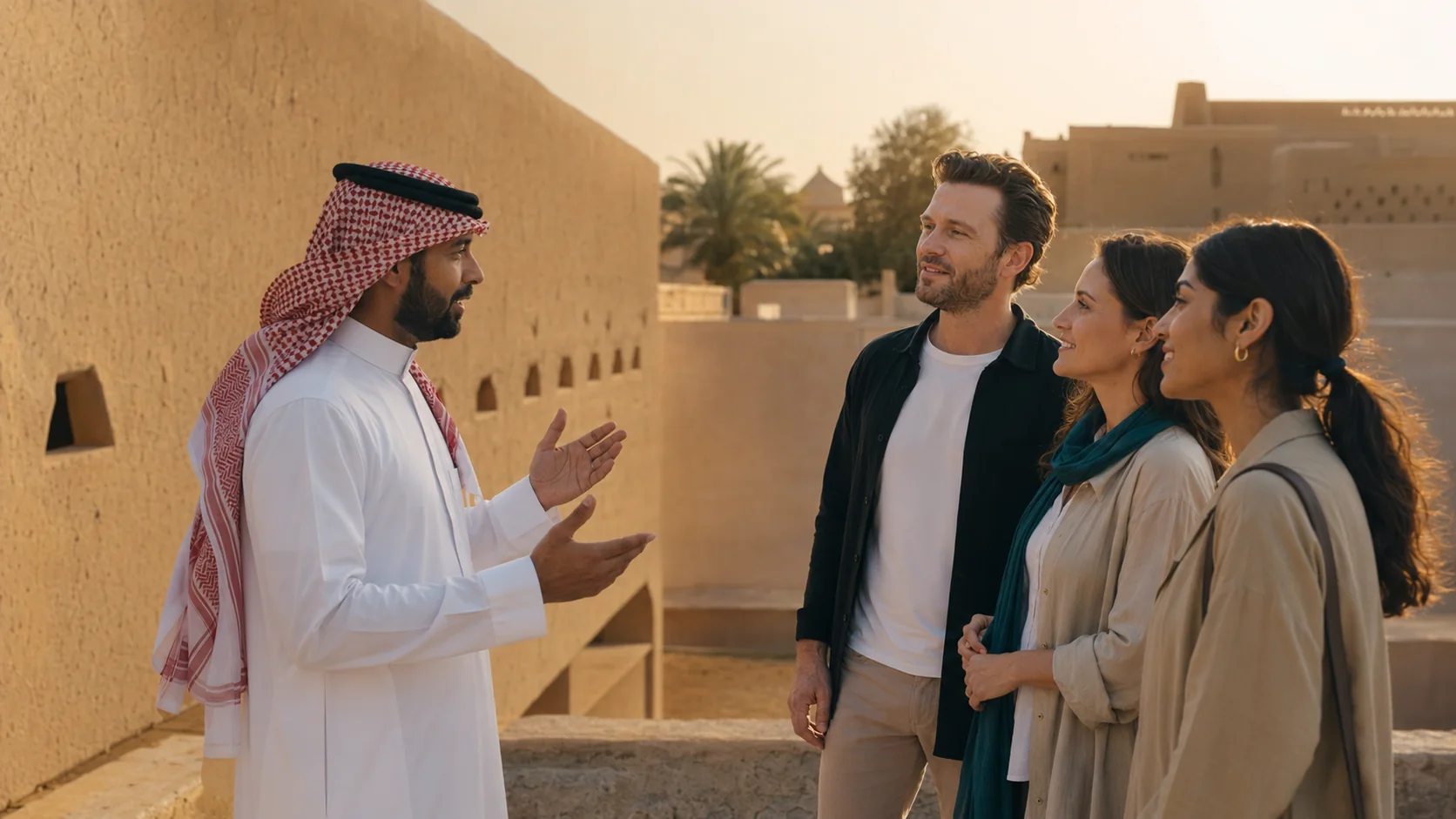 A Saudi local guide in a thobe and shemagh talking with three visitors in front of historic mudbrick architecture