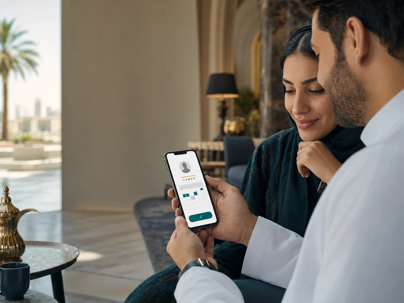 Two travelers comparing guides and confirming a booking on the ROVEA mobile app
