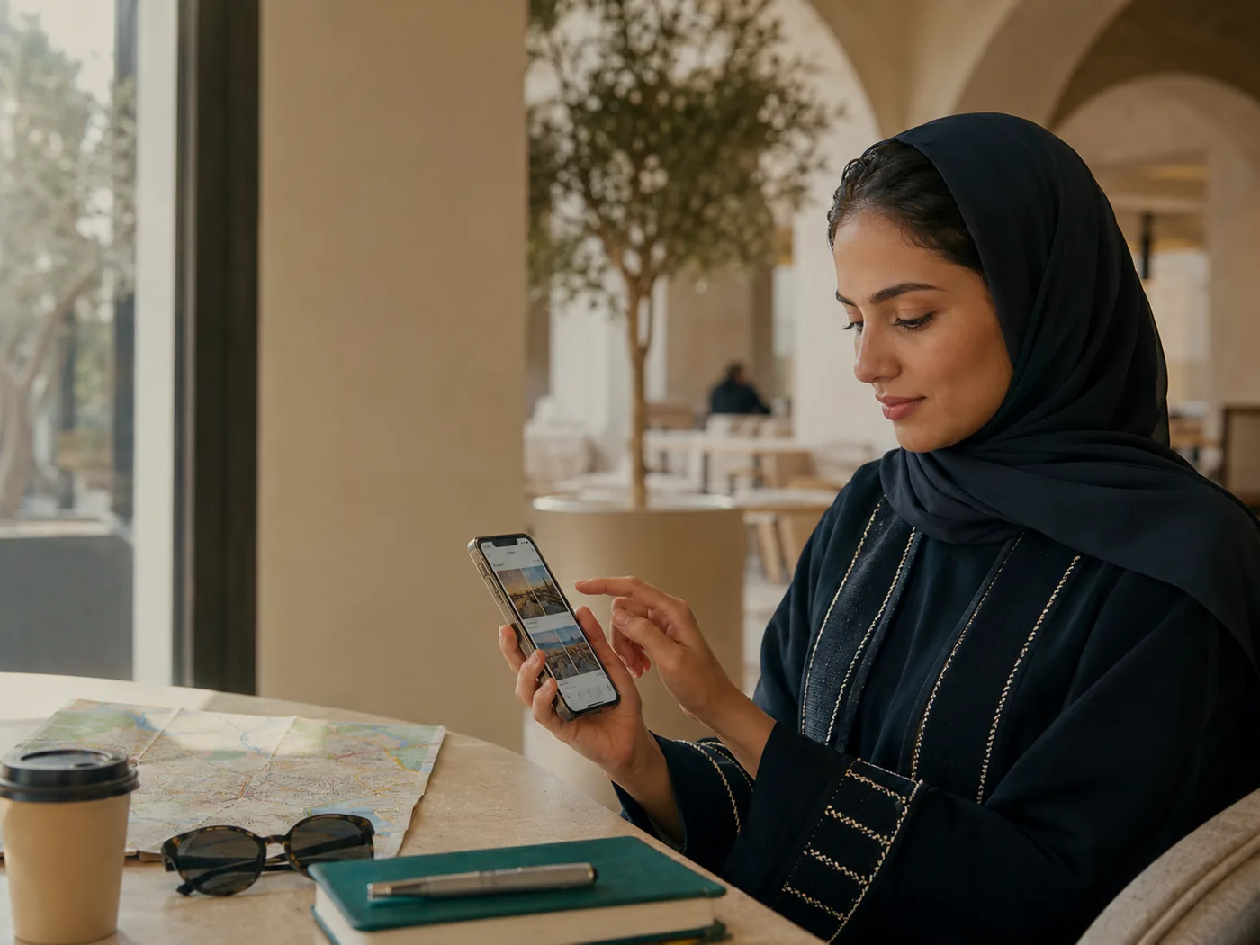 A Saudi traveler browsing verified guide profiles on her phone at a cafe, a map beside her
