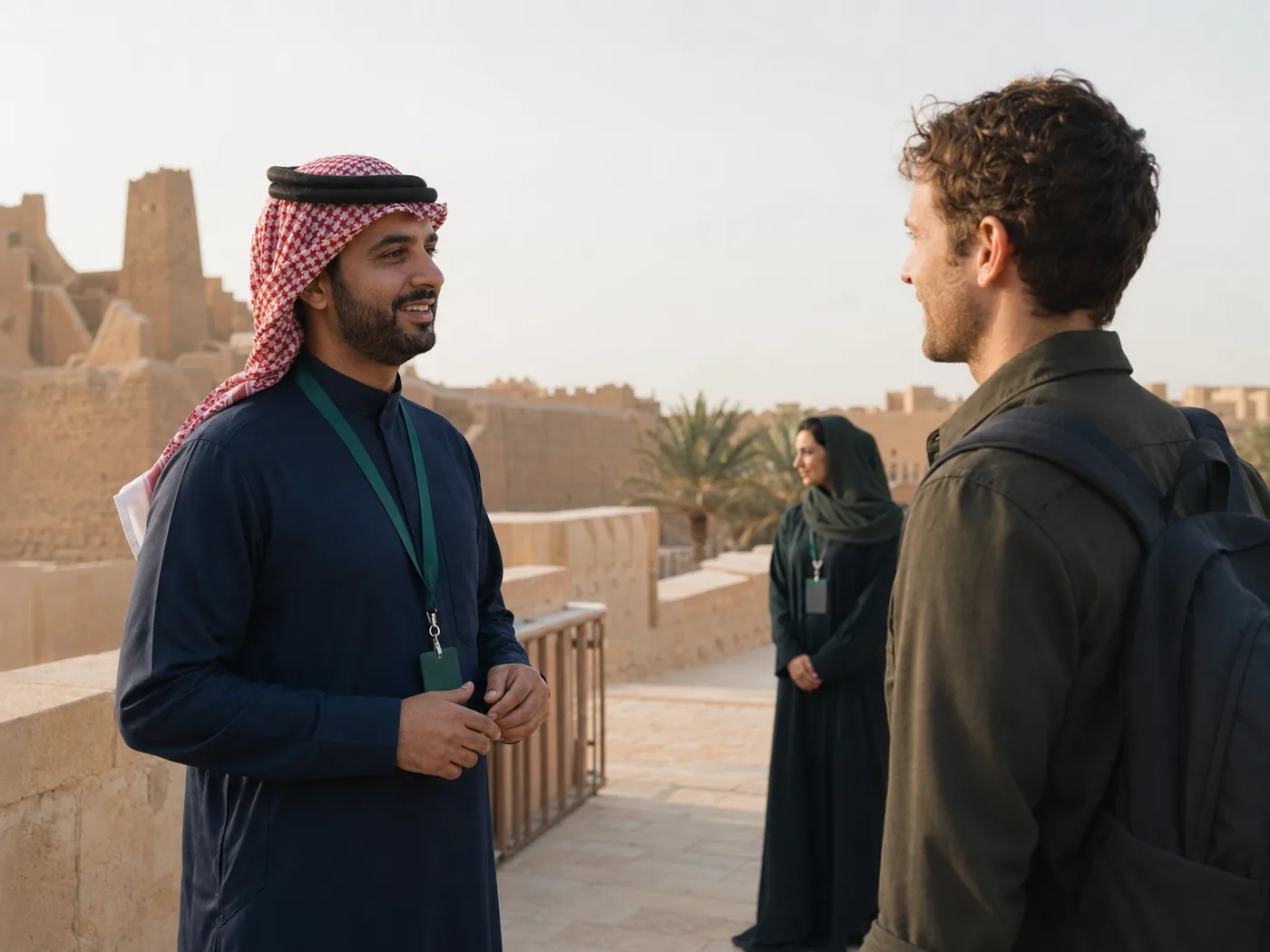 A verified Saudi guide wearing a ROVEA ID badge welcoming a traveler, with a second verified guide behind them